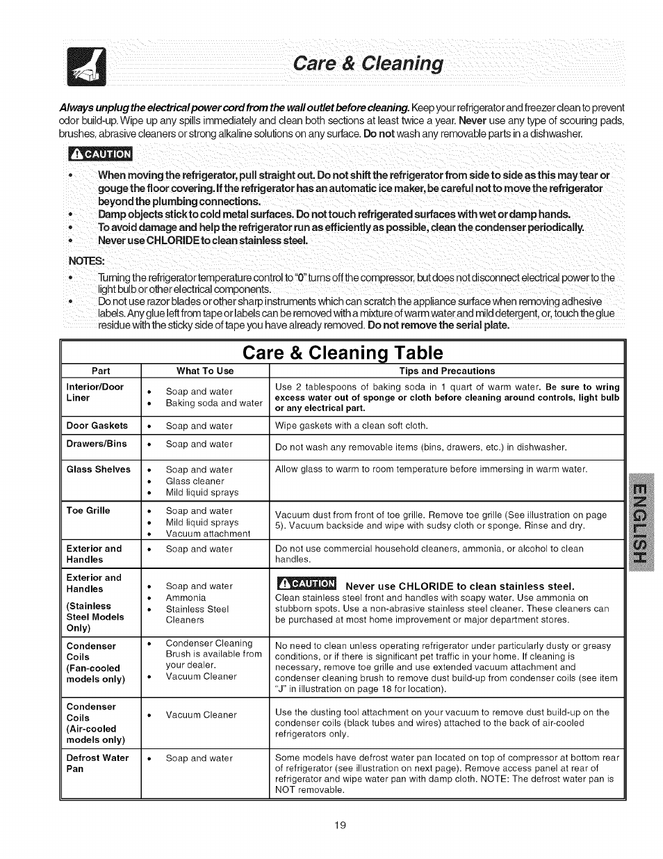 Gare:& :c/eaning, Care & cleaning table | Kenmore 241858201 User Manual | Page 19 / 21