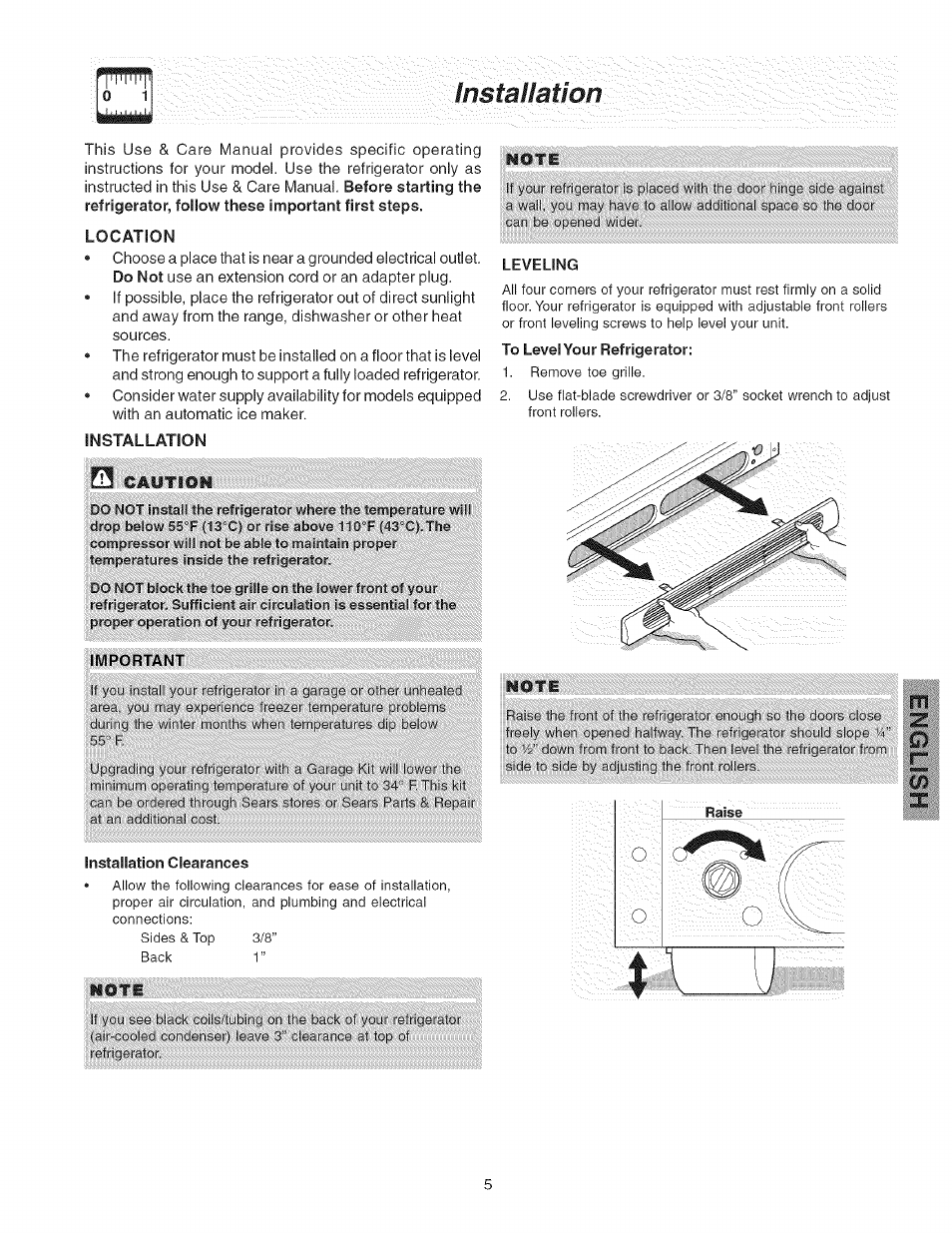 Location, Installation, Important | Installation clearances, Instaiiation | Kenmore 241858201 User Manual | Page 5 / 21