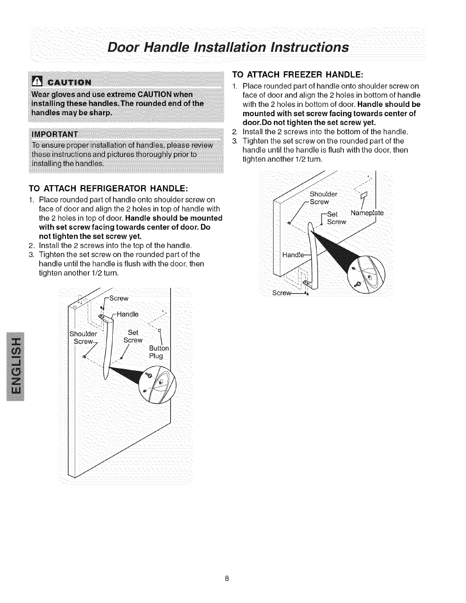 Important, To attach refrigerator handle, To attach freezer handle | Kenmore 241858201 User Manual | Page 8 / 21
