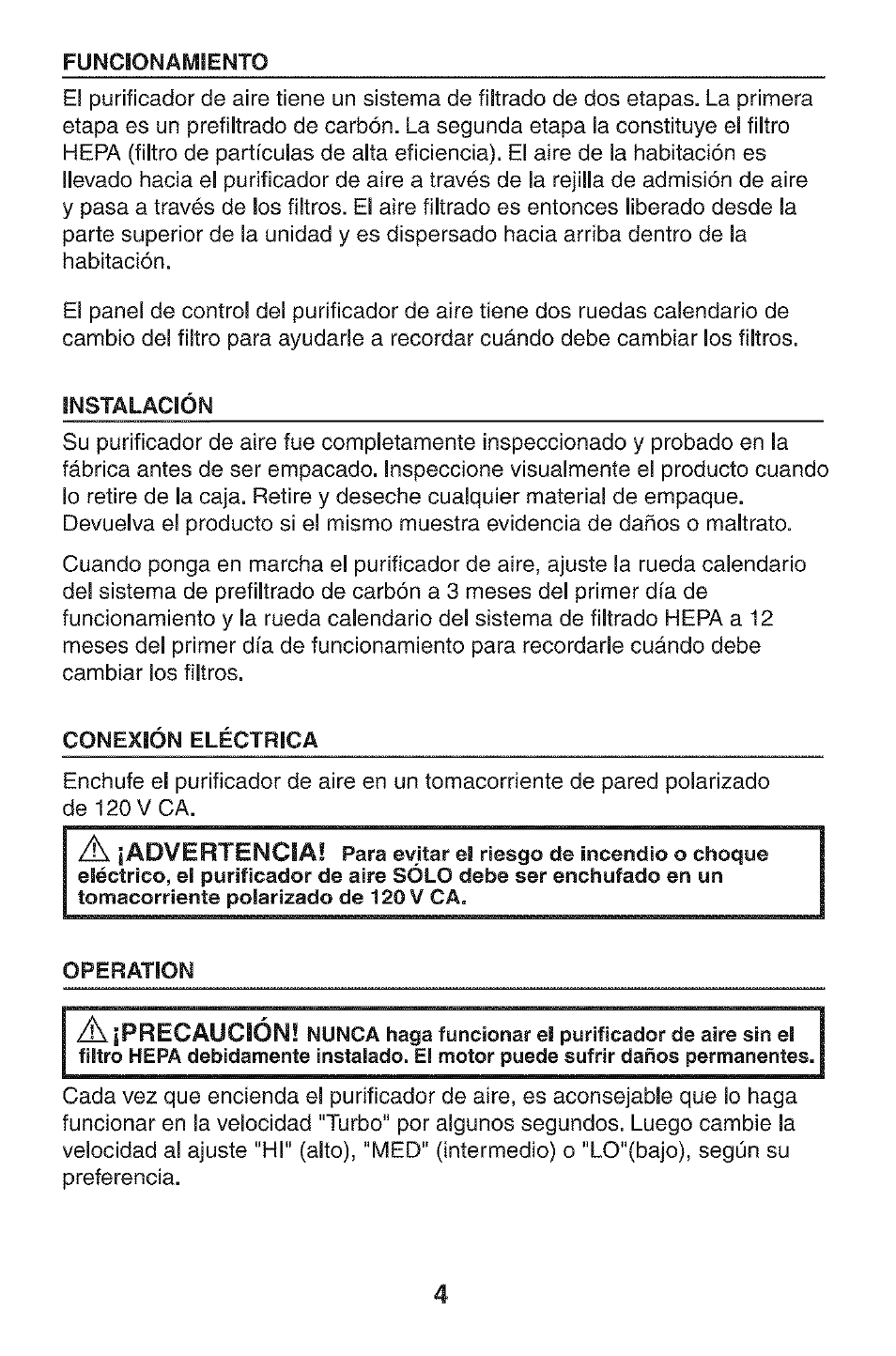 Instalación, Conexión eléctrica, Operation | Advertencia, As. ¡precaución, Haga | Kenmore HEPA 152.85254 User Manual | Page 11 / 16