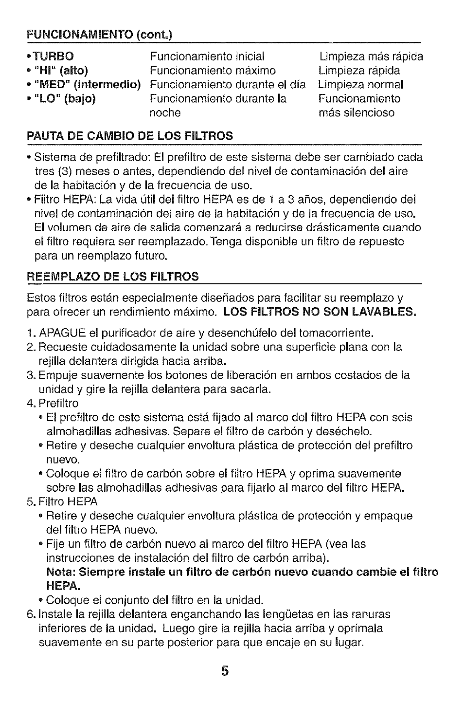 Pauta de cambio de los filtros, Reemplazo de los filtros | Kenmore HEPA 152.85254 User Manual | Page 12 / 16