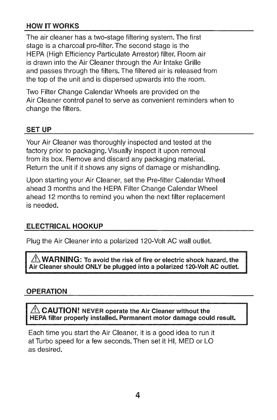 How it works, Electrical hookup, Operation | Caution | Kenmore HEPA 152.85254 User Manual | Page 4 / 16