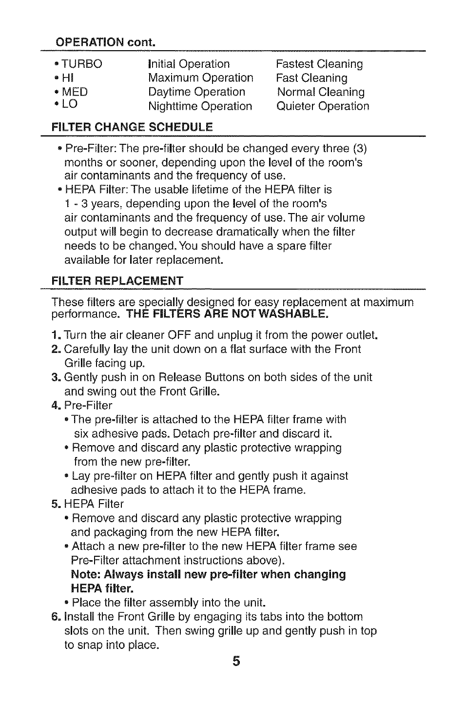 Filter change schedule, Filter replacement | Kenmore HEPA 152.85254 User Manual | Page 5 / 16