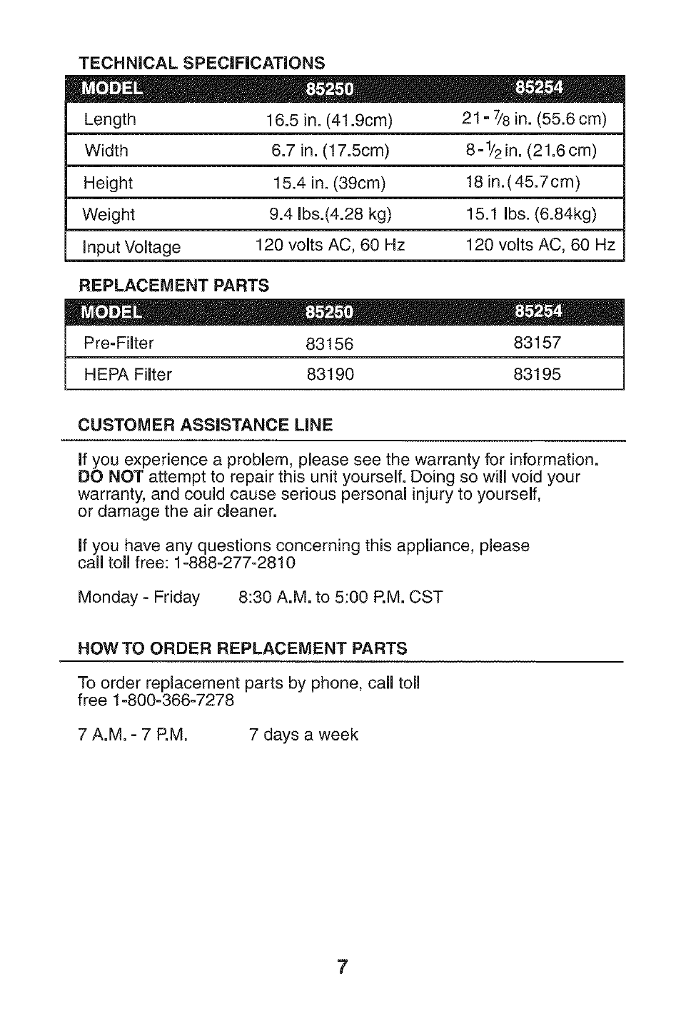 Howto order replacement parts | Kenmore HEPA 152.85254 User Manual | Page 7 / 16