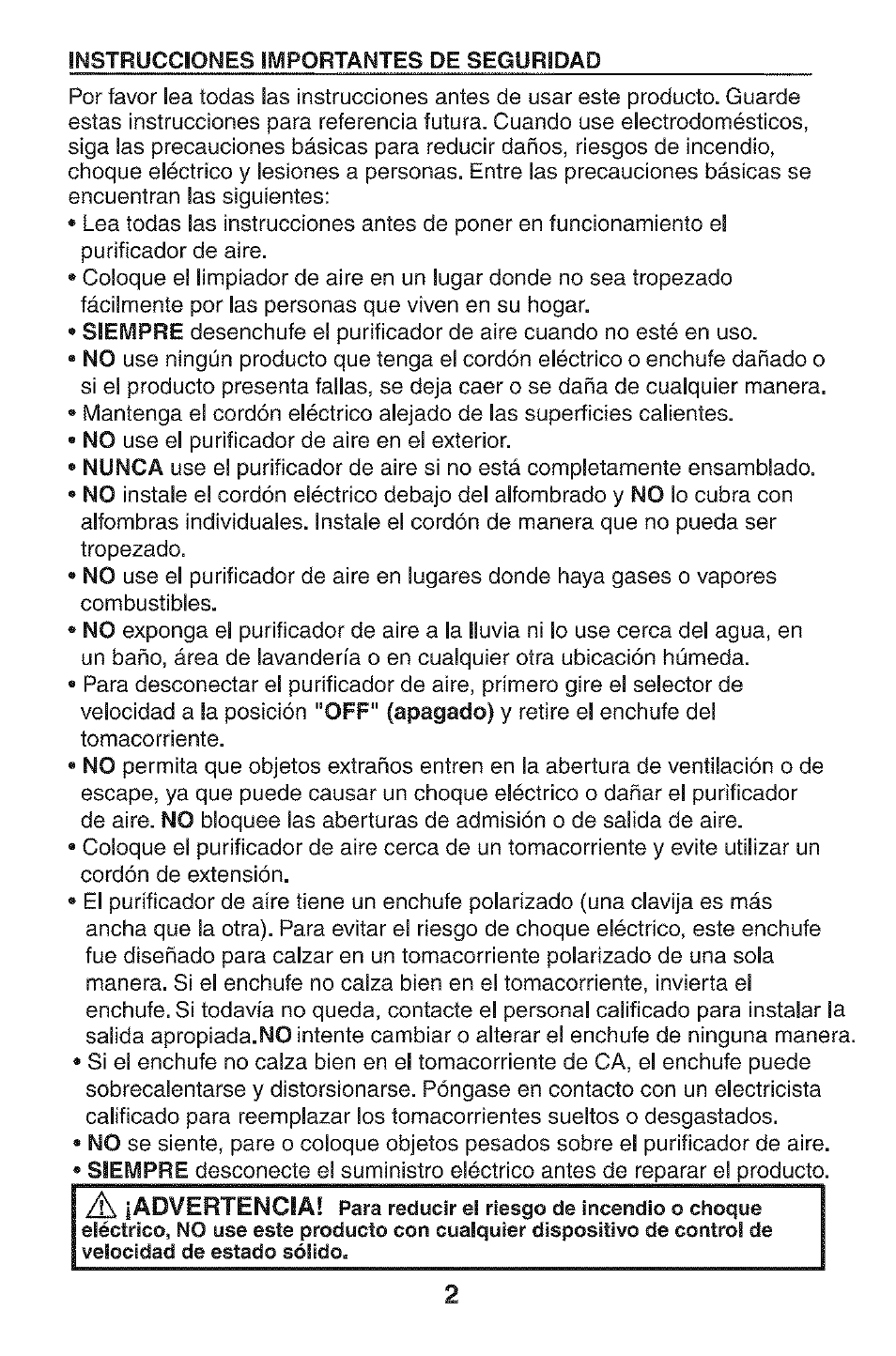 Advertencia, Siempre | Kenmore HEPA 152.85254 User Manual | Page 9 / 16