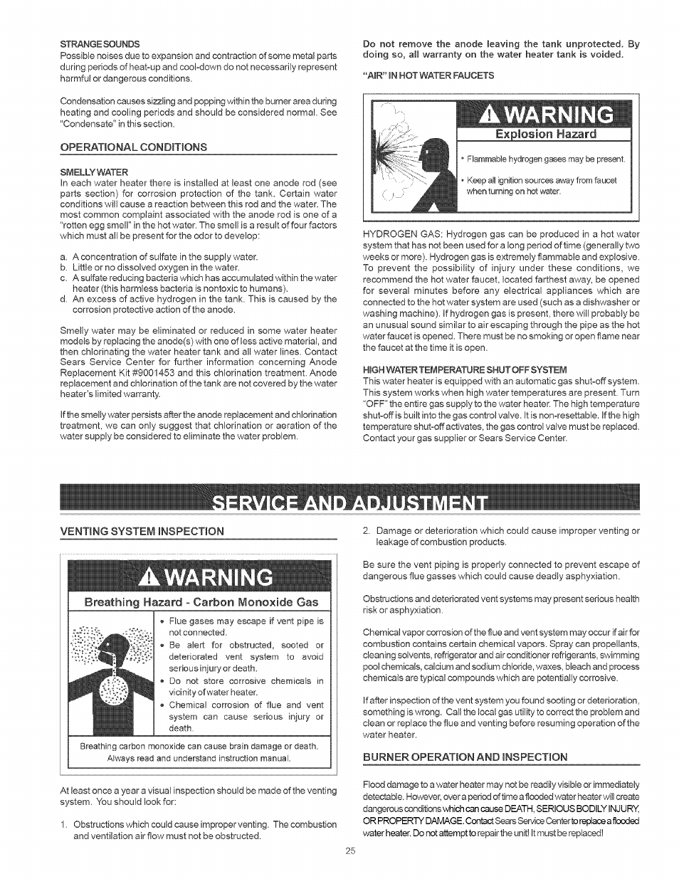 Warning, Awarning, Explosion hazard | Kenmore THE ECONOMIZER 153.33205 User Manual | Page 25 / 32