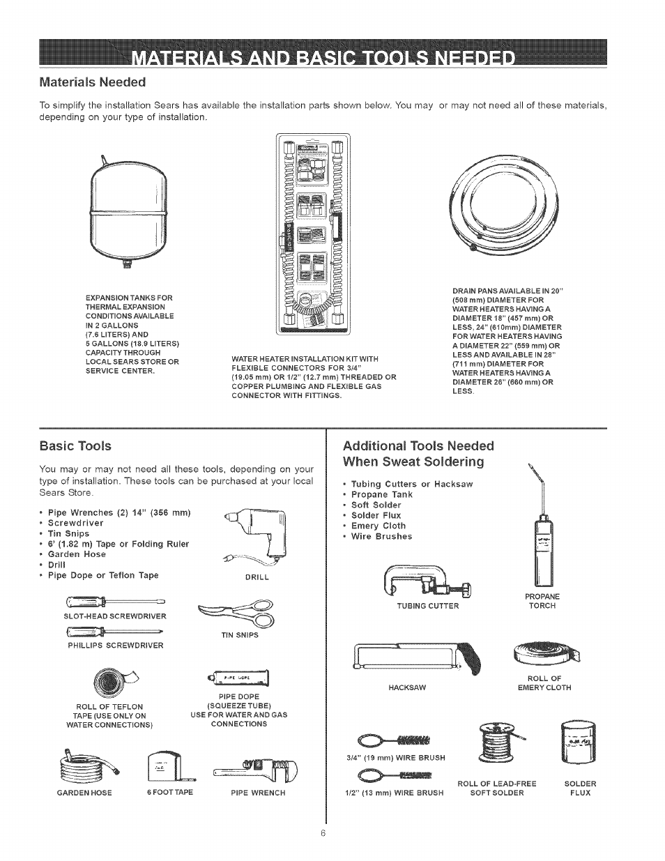 Basic tools, Additional tools needed when sweat soldering, Materials needed | Kenmore THE ECONOMIZER 153.33205 User Manual | Page 6 / 32