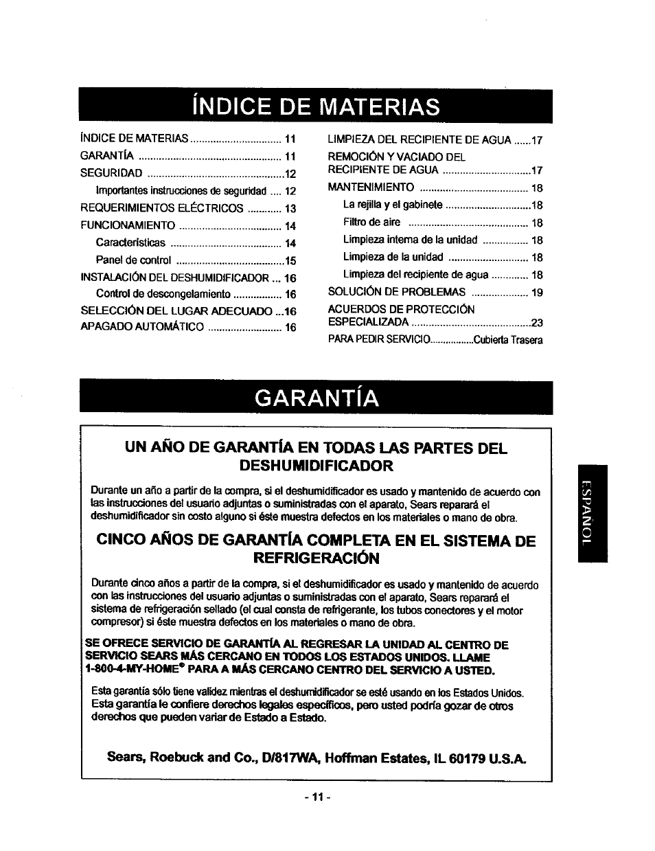 Indice de materias, Garantia, Cinco años de gaiuvntia completa en el sistema de | Refrigeración | Kenmore 580.53701 User Manual | Page 11 / 21