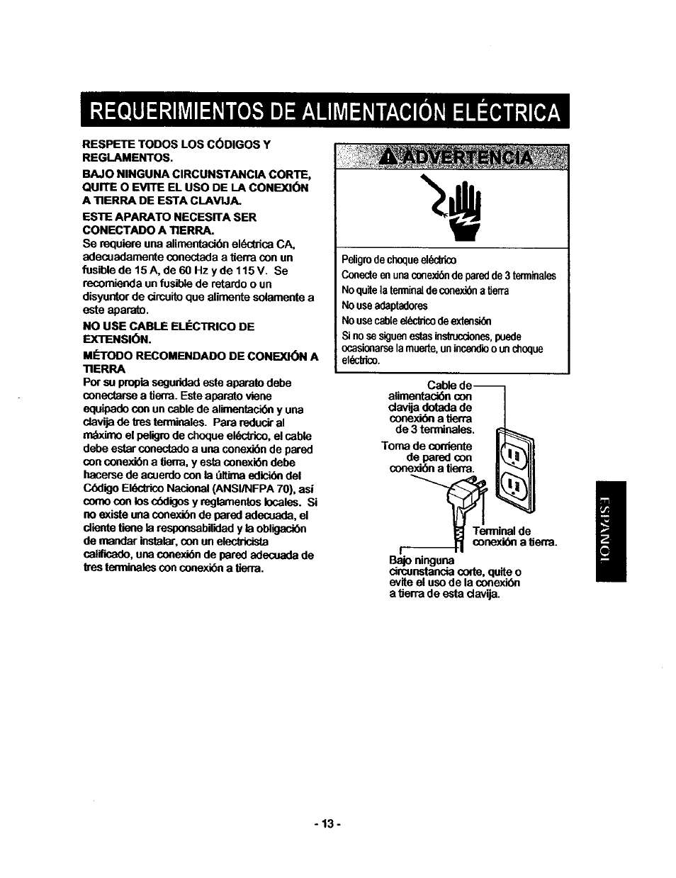 Requerimientos de alimentación eléctrica | Kenmore 580.53701 User Manual | Page 13 / 21