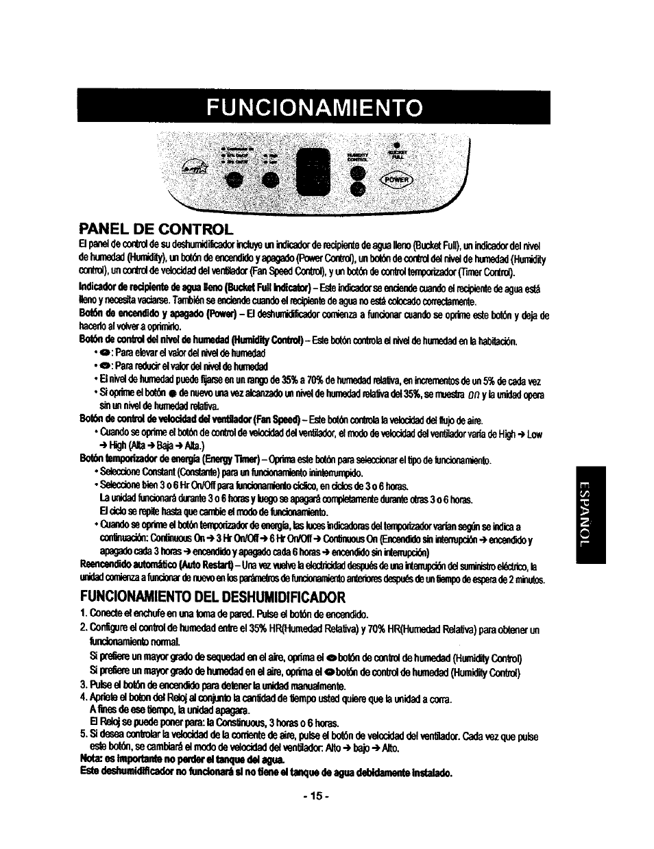 Panel de control, Funcionamiento del deshumidificador, Funcionamiento | Kenmore 580.53701 User Manual | Page 15 / 21