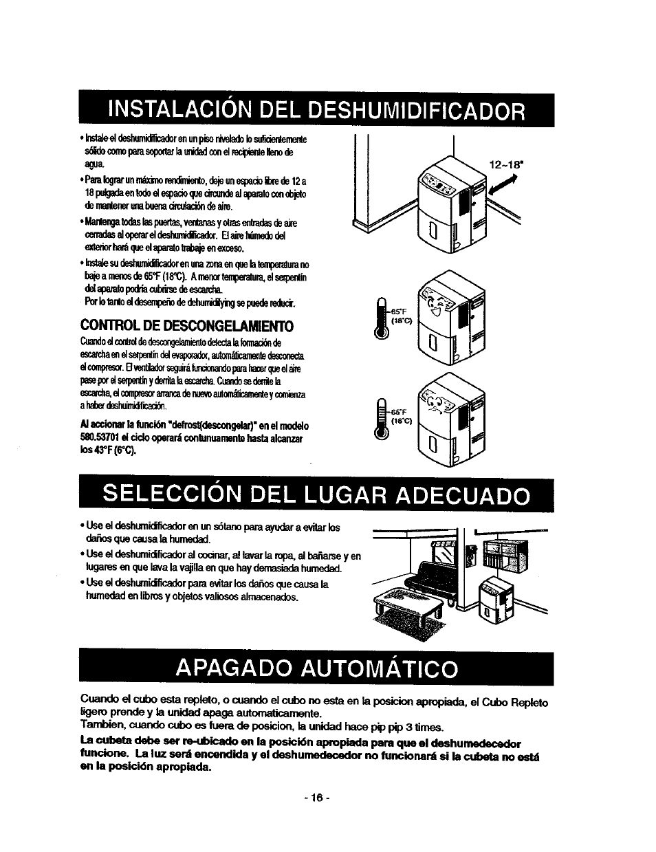 Instalación del deshumidificador, Control de descongelamiento, Selección del lugar adecuado | Apagado automático | Kenmore 580.53701 User Manual | Page 16 / 21
