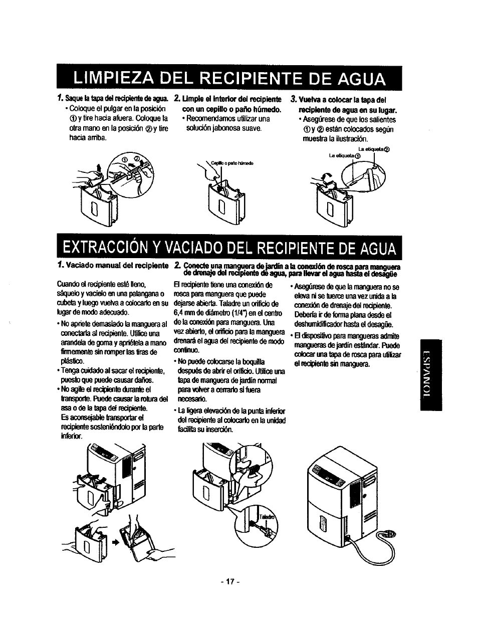 Extracción y vaciado del recipiente de agua, Limpieza del recipiente de agua | Kenmore 580.53701 User Manual | Page 17 / 21