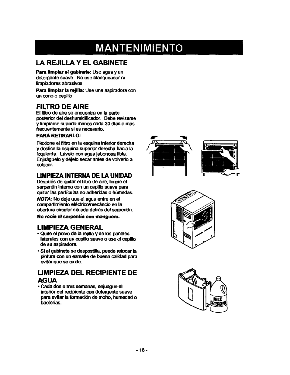 La rejilla y el gabinete, Filtro de aire, Umpieza interna de u unidad | Limpieza general, Limpieza del recipiente de agua, Limpieza interna de la unidad, Mantenimiento | Kenmore 580.53701 User Manual | Page 18 / 21