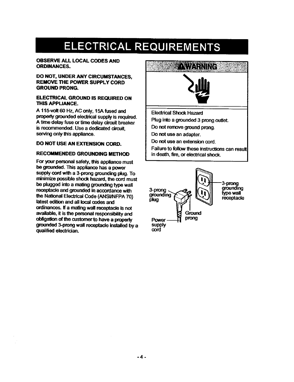 Electrical requirements | Kenmore 580.53701 User Manual | Page 4 / 21