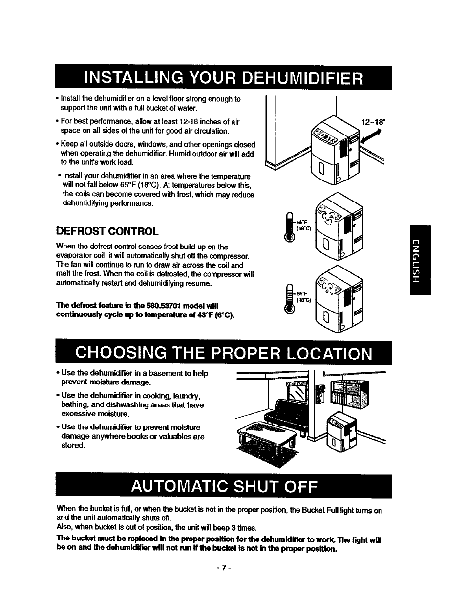 Installing your dehumidifier, Defrost control, Choosing the proper location | Automatic shut off, Defrost contiol | Kenmore 580.53701 User Manual | Page 7 / 21
