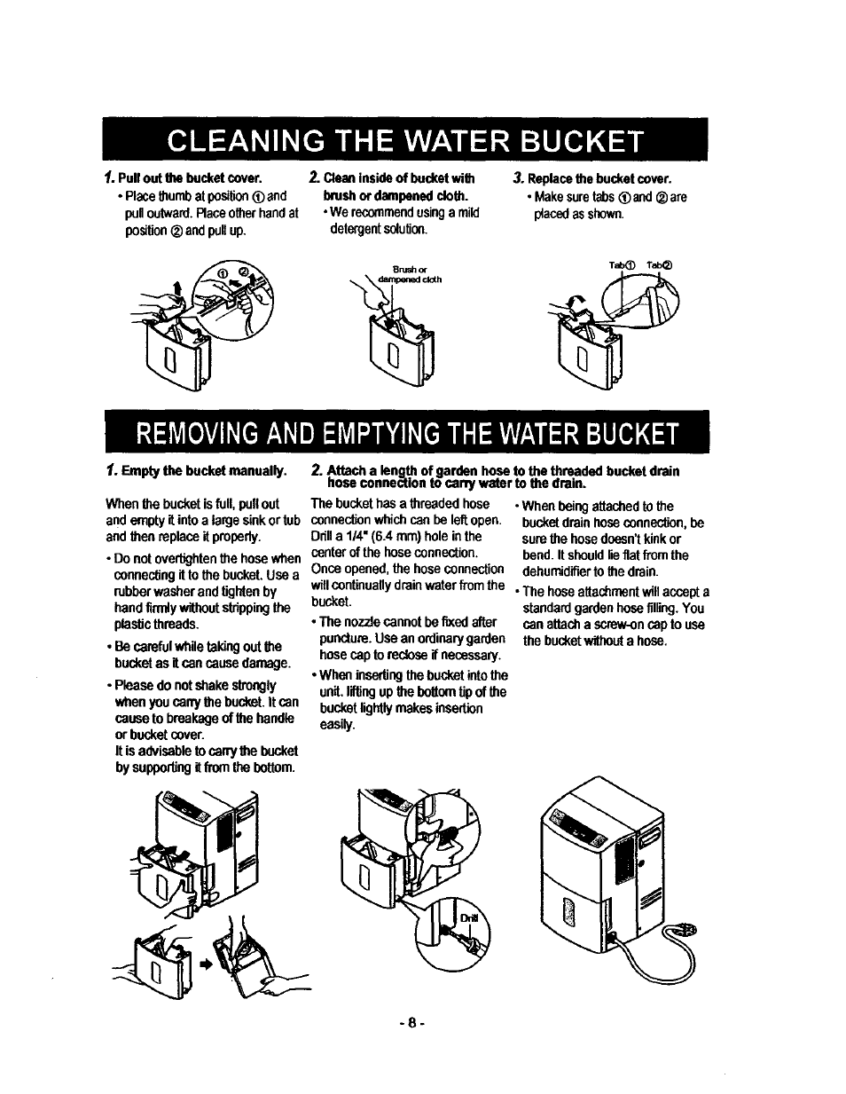 Removing and emptying the water bucket, Cleaning the water bucket | Kenmore 580.53701 User Manual | Page 8 / 21