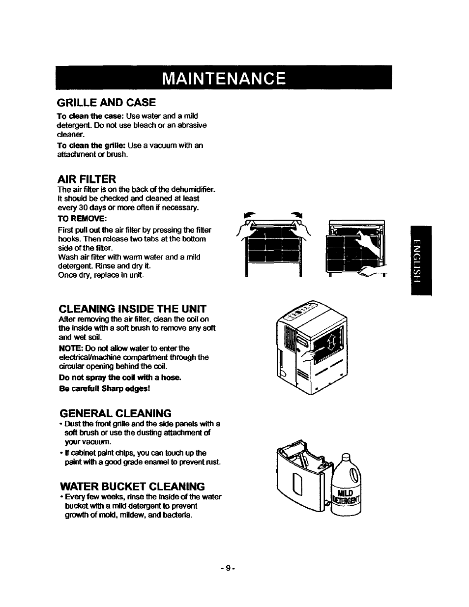 Maintenance, Grille and case, Air filter | Cleaning inside the unit, General cleaning, Water bucket cleaning, Generai cleaning | Kenmore 580.53701 User Manual | Page 9 / 21