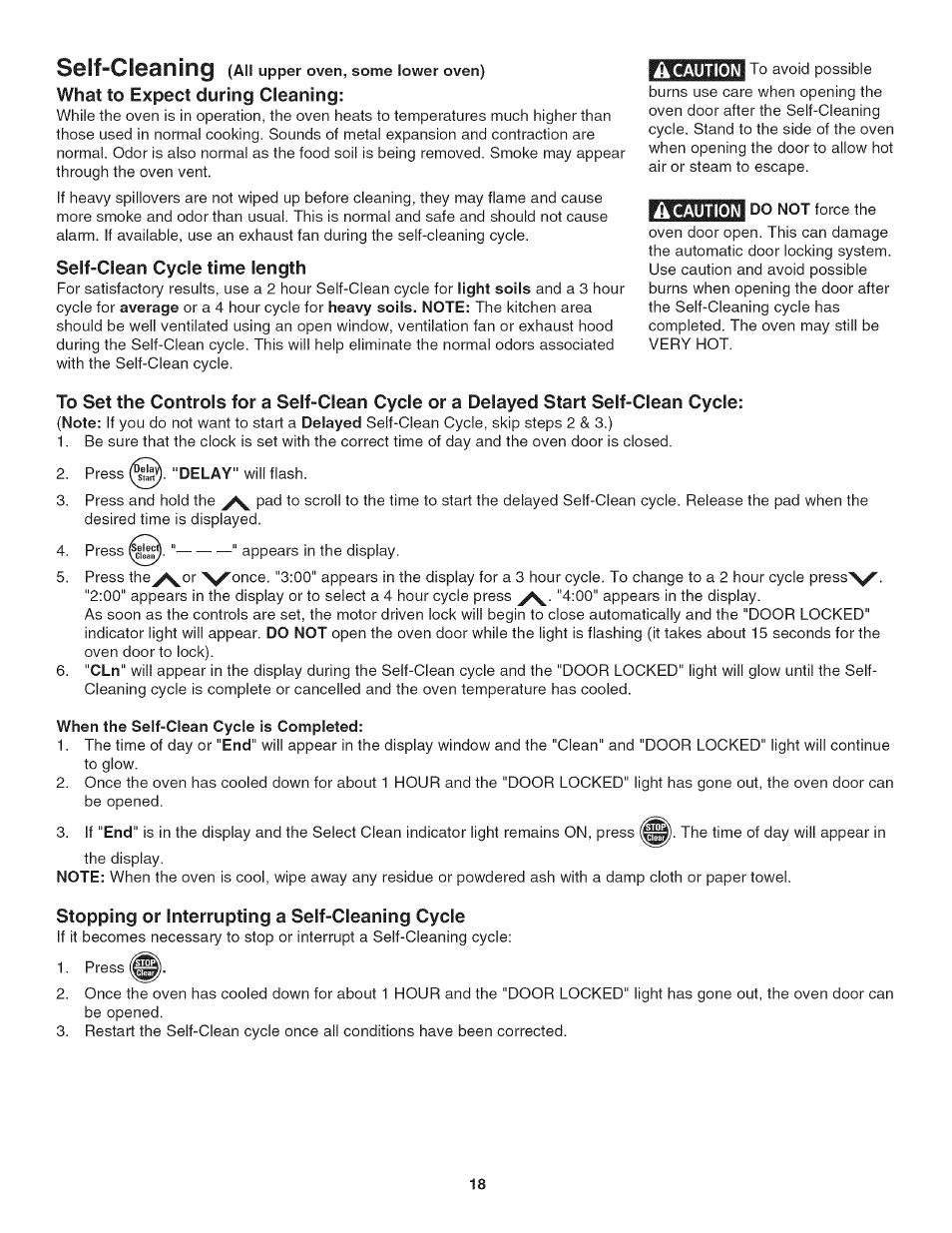 Self-clean cycle time length, When the self-clean cycle is completed, Stopping or interrupting a self-cleaning cycle | Seif-cleaning | Kenmore 790.4773 User Manual | Page 18 / 24