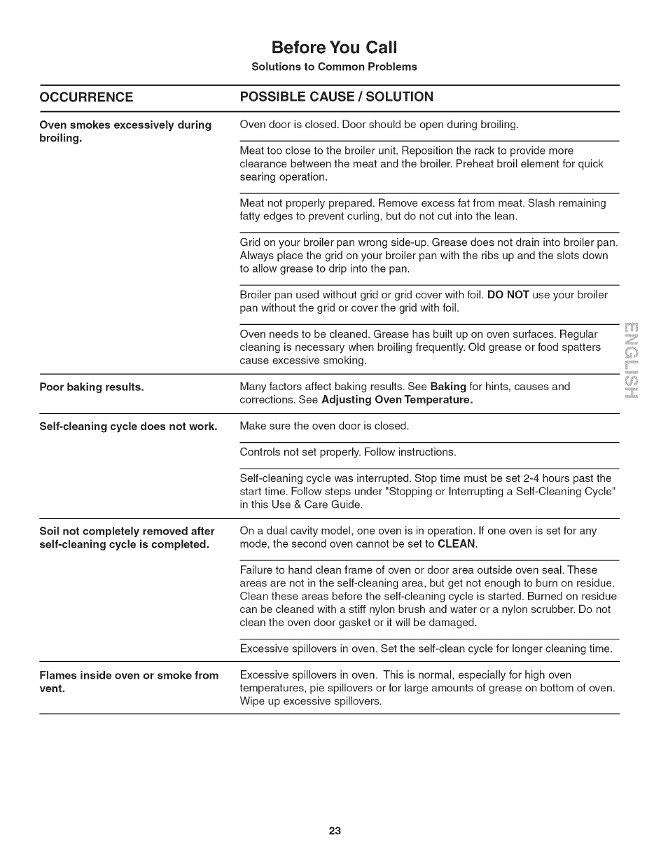 Oven smokes excessively during broiling, Poor baking results, Flames inside oven or smoke from vent | Before you cali | Kenmore 790.4773 User Manual | Page 23 / 24