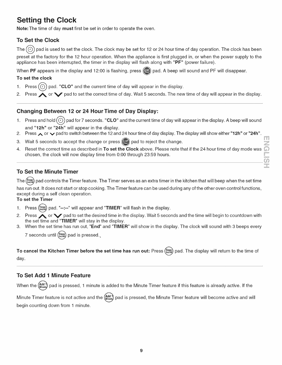 To set the clock, Changing between 12 or 24 hour time of day display, To set the minute timer | To set the timer, To set add 1 minute feature, Setting the clock | Kenmore 790.4773 User Manual | Page 9 / 24