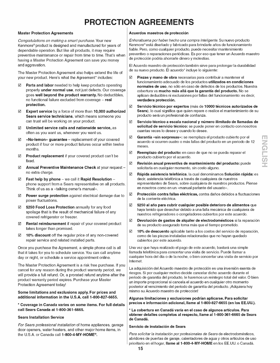 Protection agreeivients | Kenmore 790.4056 User Manual | Page 15 / 16