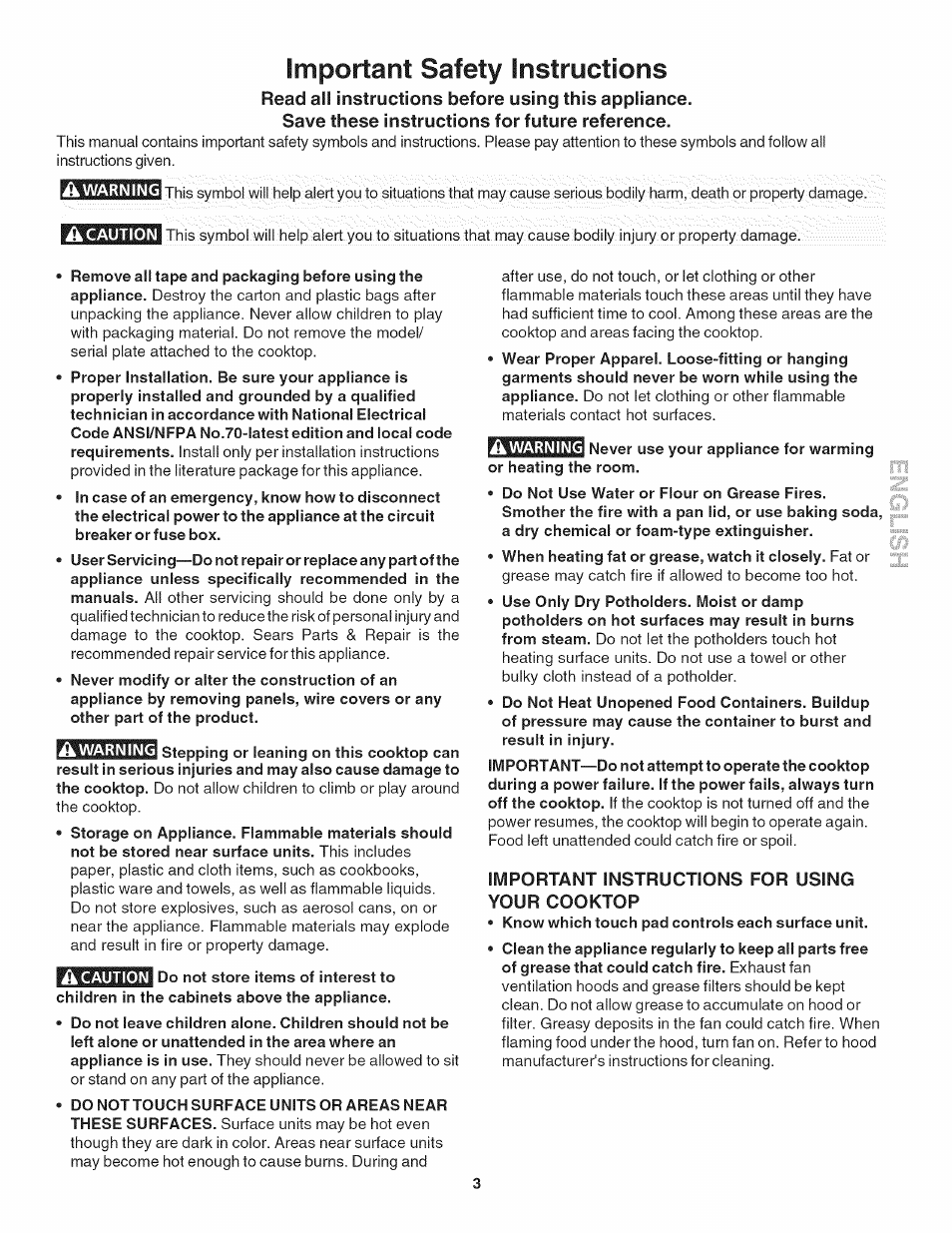 Important instructions for using your cooktop, Important safety instructions | Kenmore 790.4056 User Manual | Page 3 / 16