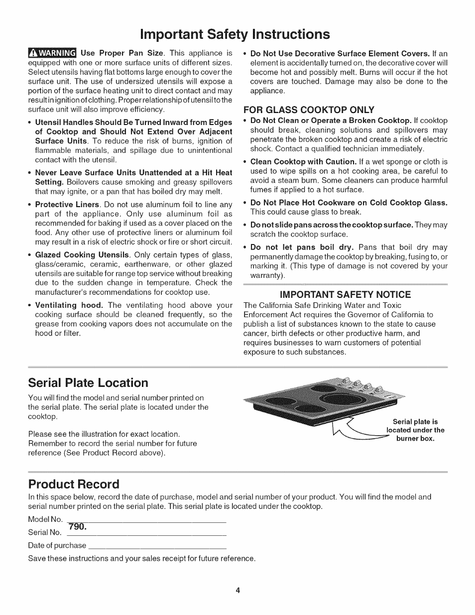 For glass cooktop only, Important safety notice, Serial plate location | Product record, Important safety instructions -4, Important safety instructions | Kenmore 790.4056 User Manual | Page 4 / 16