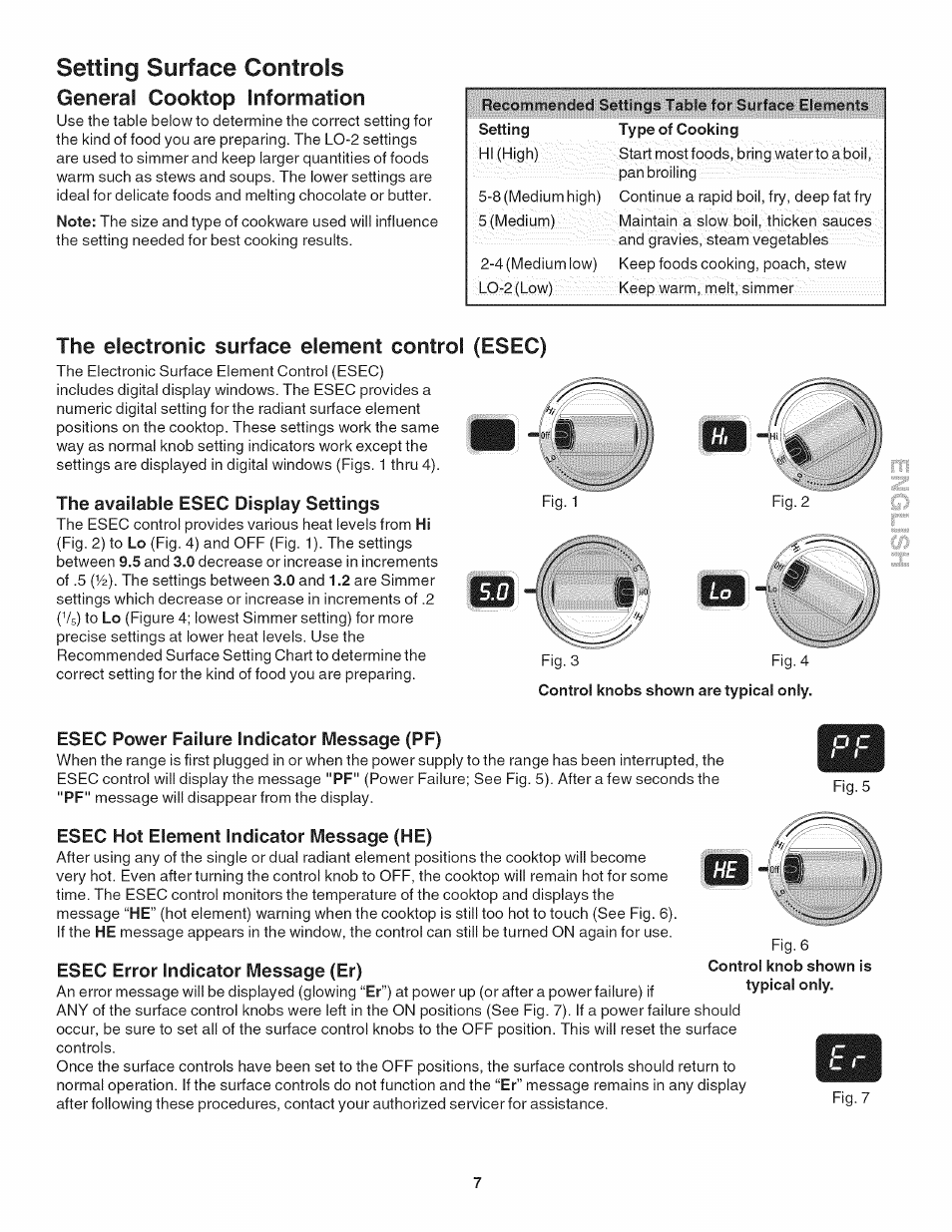 The available esec display settings, Esec power failure indicator message (pf), Esec hot element indicator message (he) | Esec error indicator message (er), Setting surface controls, General cooktop information, The electronic surface element control (esec) | Kenmore 790.4056 User Manual | Page 7 / 16