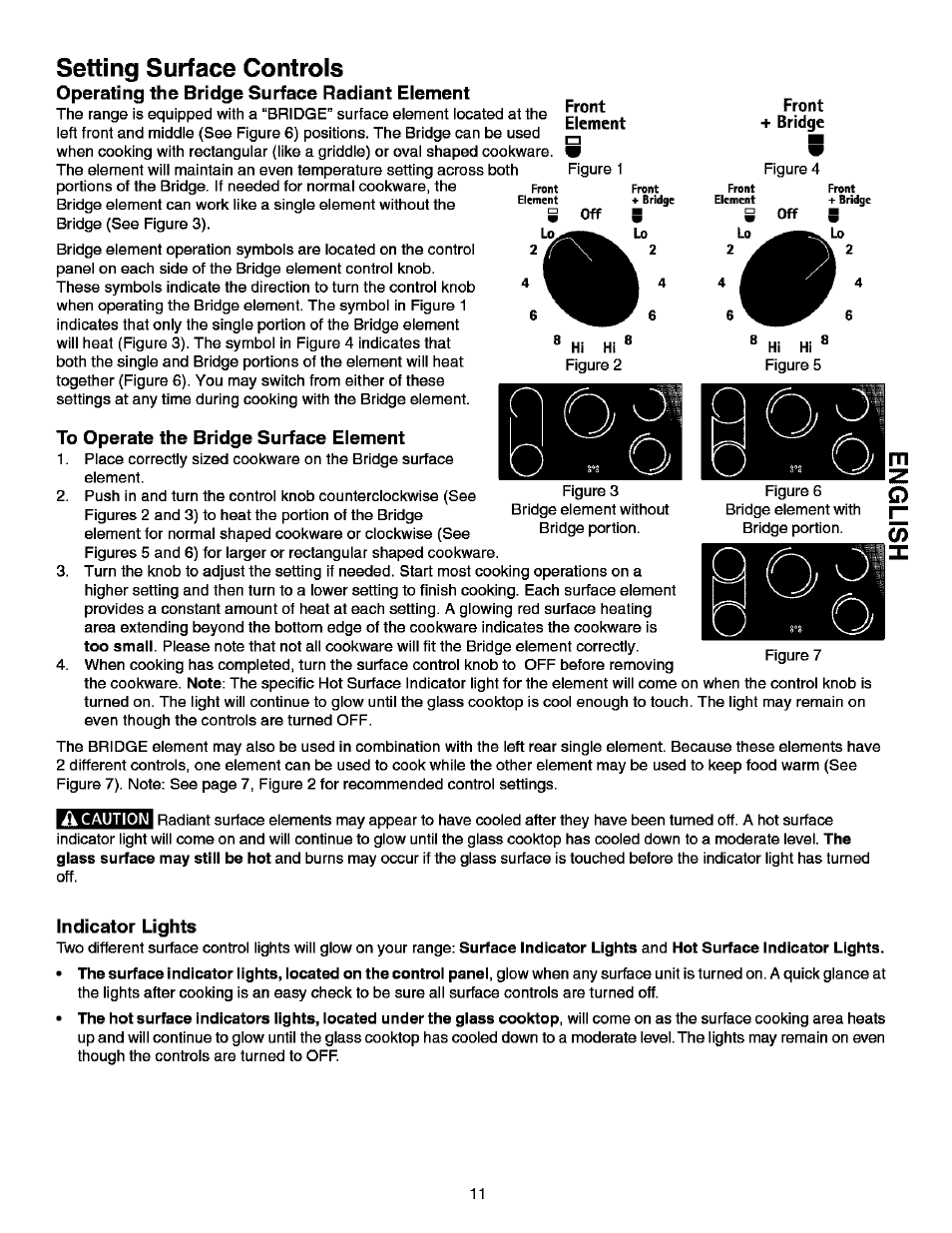 Operating the bridge surface radiant element, Front, Element | Front + bridge, To operate the bridge surface element, Indicator lights, Setting surface controls, A caution | Kenmore ELITE 790.99613 User Manual | Page 11 / 45