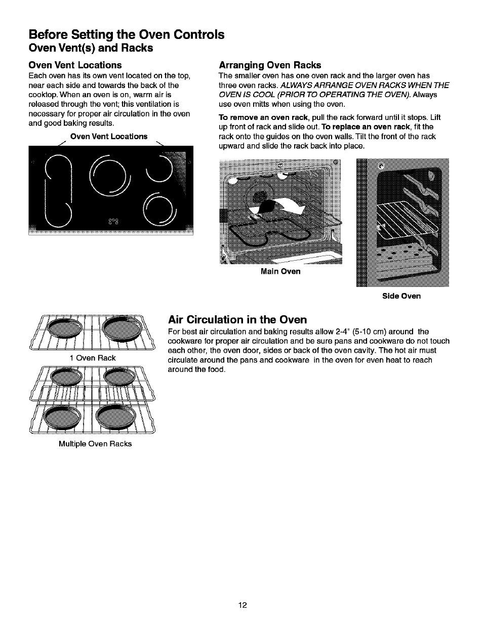 Before setting the oven controls, Arranging oven racks, Side oven | Before setting oven controls, Oven vent(s) and racks, Air circulation in the oven | Kenmore ELITE 790.99613 User Manual | Page 12 / 45