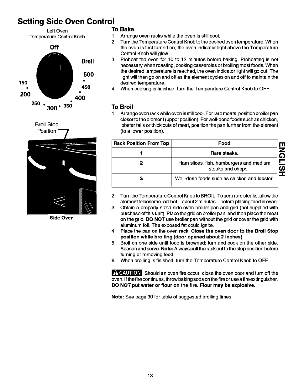 Setting side oven control, To bake, To broil | A caution, Broil | Kenmore ELITE 790.99613 User Manual | Page 13 / 45