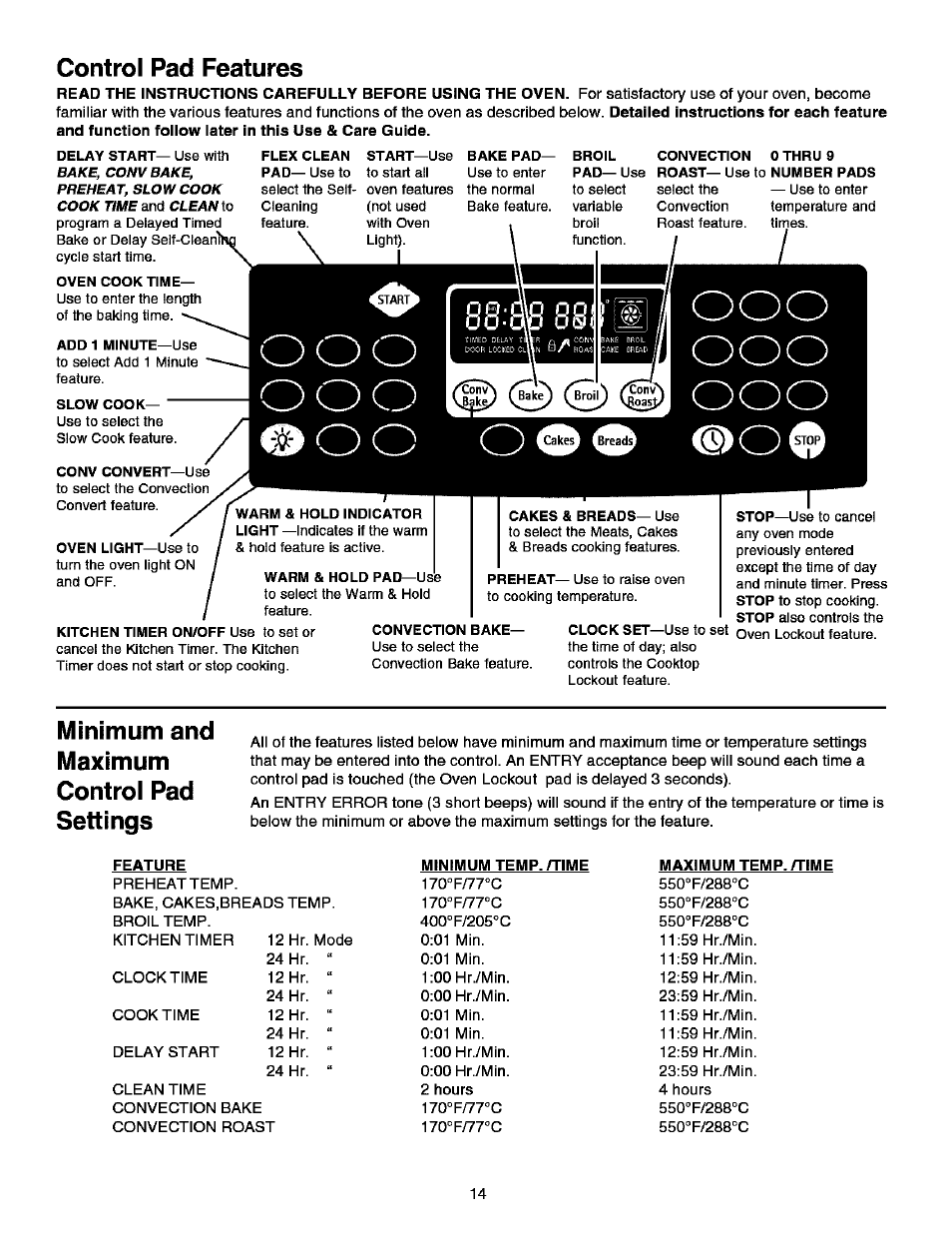 Control pad features, Minimum and maximum control pad settings | Kenmore ELITE 790.99613 User Manual | Page 14 / 45