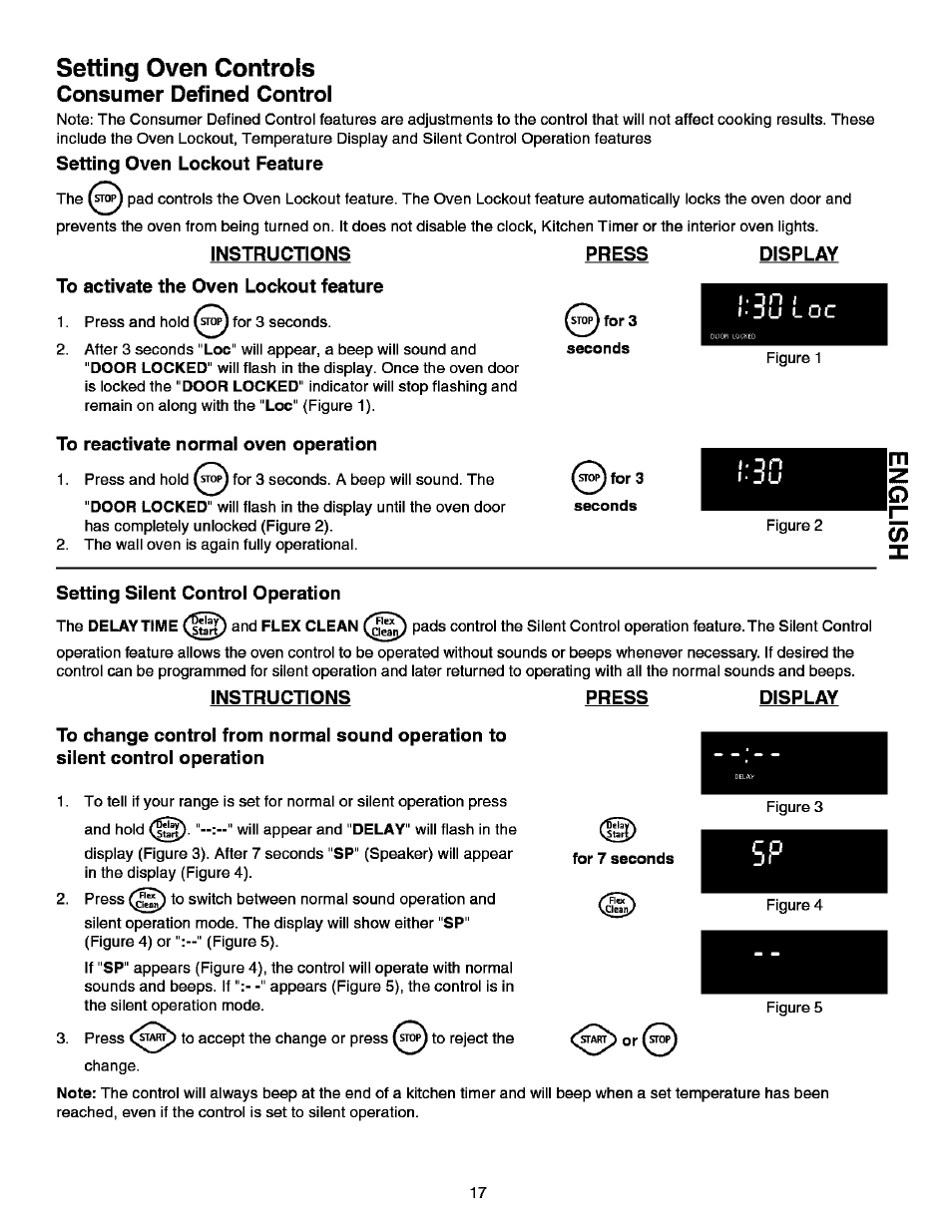 Setting oven controls, Setting oven lockout feature, Instructions | To activate the oven lockout feature, To reactivate normal oven operation, Si^for3, Seconds, Si^fbr 3 seconds, Setting silent control operation, Instructions press display | Kenmore ELITE 790.99613 User Manual | Page 17 / 45