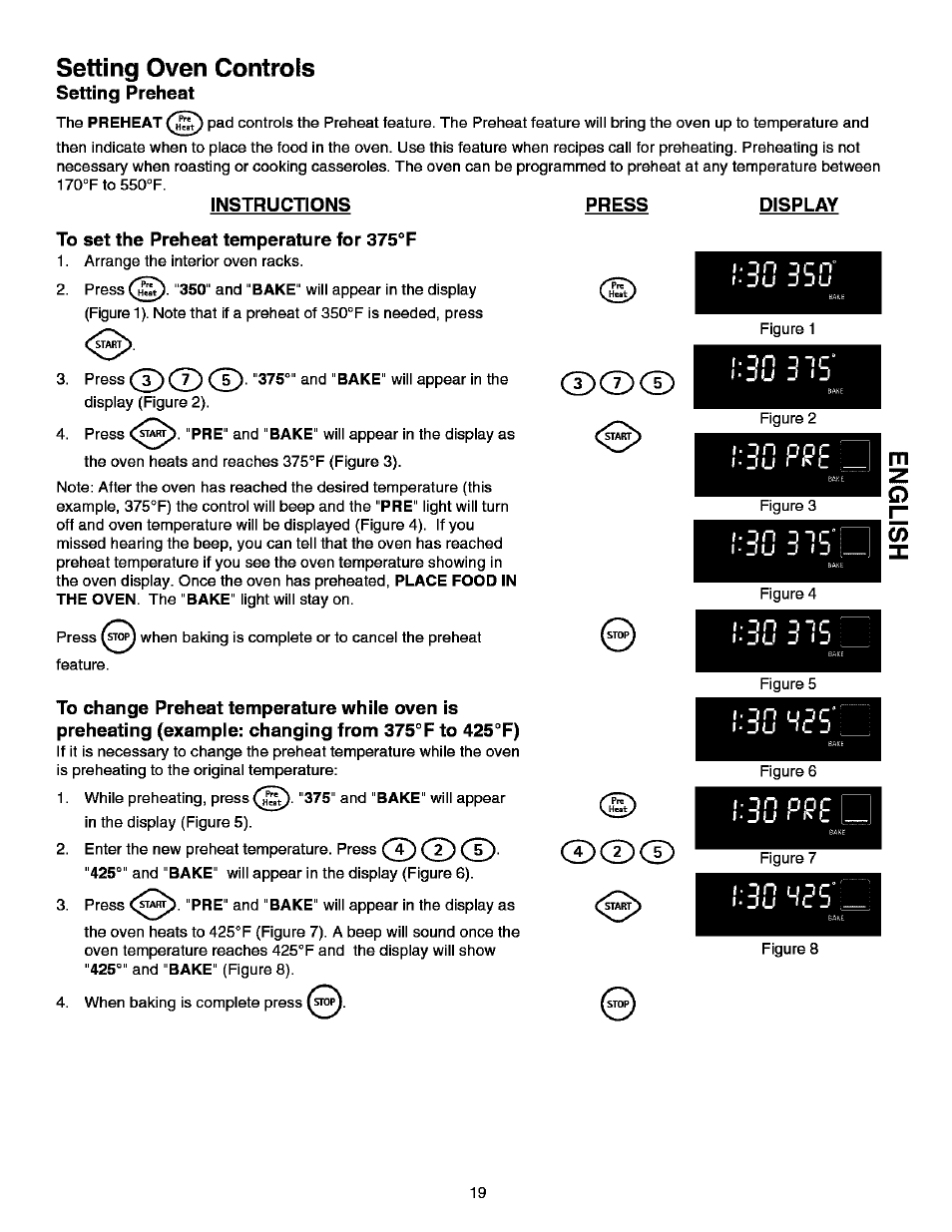 Setting oven controls, Setting preheat, Instructions press display | To set the preheat temperature for 375°f | Kenmore ELITE 790.99613 User Manual | Page 19 / 45