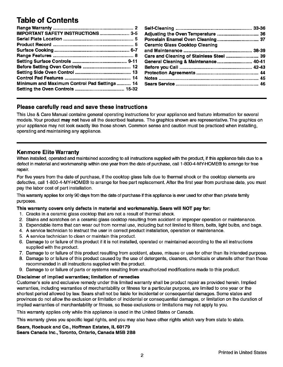 Kenmore ELITE 790.99613 User Manual | Page 2 / 45
