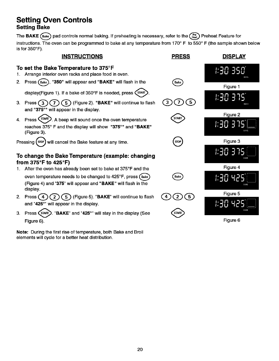 Instructions, Press, To set the bake temperature to 375° f | Display, Lon 31c° l-du j, Ì 315, Оп э1с l-ju j <j, 30 435’l, Lou ic3, Cd cd | Kenmore ELITE 790.99613 User Manual | Page 20 / 45