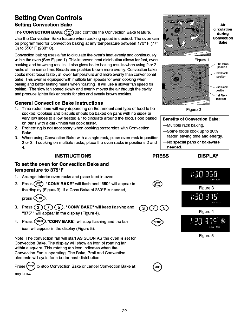 General convection bake instructions, Benefits of convection bake, Instructions | Press, Display, Setting oven controls, Setting convection bake | Kenmore ELITE 790.99613 User Manual | Page 22 / 45