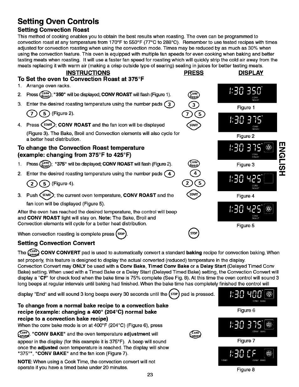 Setting convection roast, Display, Instructions press | To set the oven to convection roast at 375°f, Setting convection convert, 30 31s, 30 b'is, 30 43s, 30 ззз’ц, Setting oven controls | Kenmore ELITE 790.99613 User Manual | Page 23 / 45