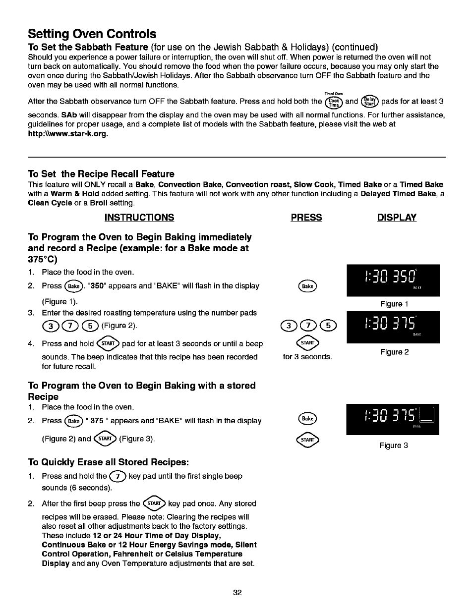 To set the recipe recall feature, Instructions press, To quickiy erase ali stored recipes | Display, Setting oven controls, L - 3 n, L - 3 u j < 3 | Kenmore ELITE 790.99613 User Manual | Page 32 / 45