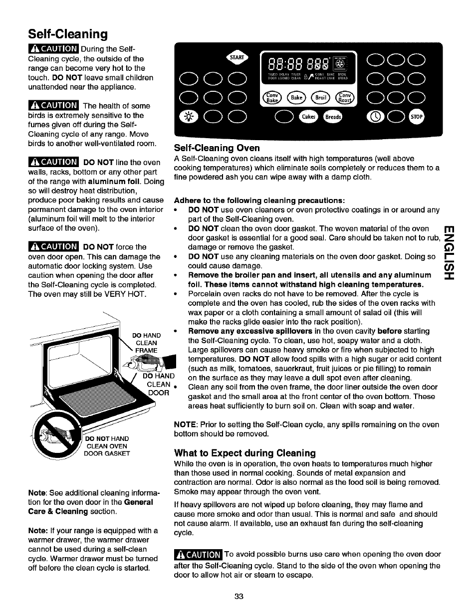 Self-cleaning, Caution, Ikcaution | Self-cleaning oven, Adhere to the following cleaning precautions, What to expect during cleaning, A caution, Self-cleaning -36 | Kenmore ELITE 790.99613 User Manual | Page 33 / 45