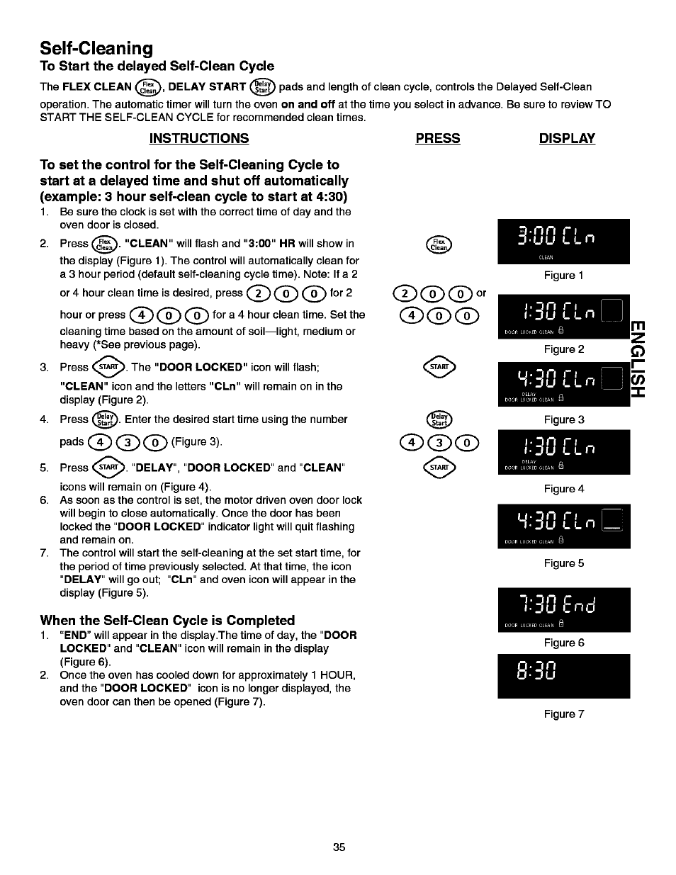 Self-cleaning, To start the delayed self-clean cycle, Instructions | When the self-clean cycle is completed, Press, Display, 3 -nn rt | Kenmore ELITE 790.99613 User Manual | Page 35 / 45