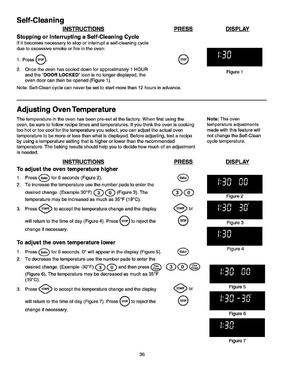 Self-cleaning, Instructions press, Stopping or interrupting a self-cleaning cycie | Adjusting oven temperature, Instructions, To adjust the oven temperature higher, Press, To adjust the oven temperature lower, Display, Adjusting the oven temperature | Kenmore ELITE 790.99613 User Manual | Page 36 / 45