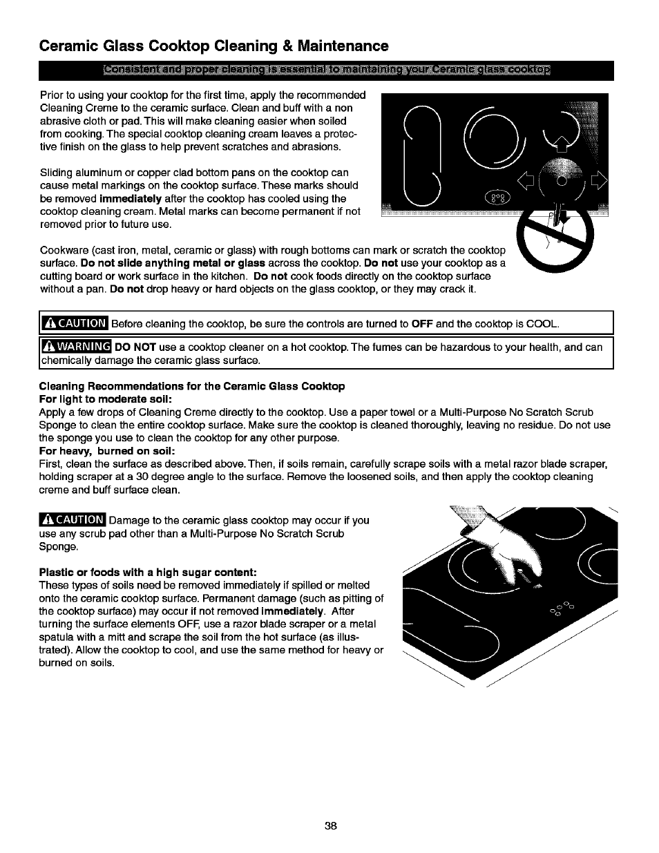 Plastic or foods with a high sugar content, Ik caution, Ik warning | A caution, Ceramic glass cooktop cleaning & maintenance | Kenmore ELITE 790.99613 User Manual | Page 38 / 45