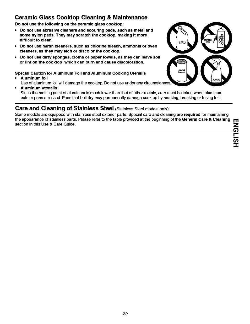 Ceramic glass cooktop cleaning & maintenance, Care and cleaning of stainless steel | Kenmore ELITE 790.99613 User Manual | Page 39 / 45