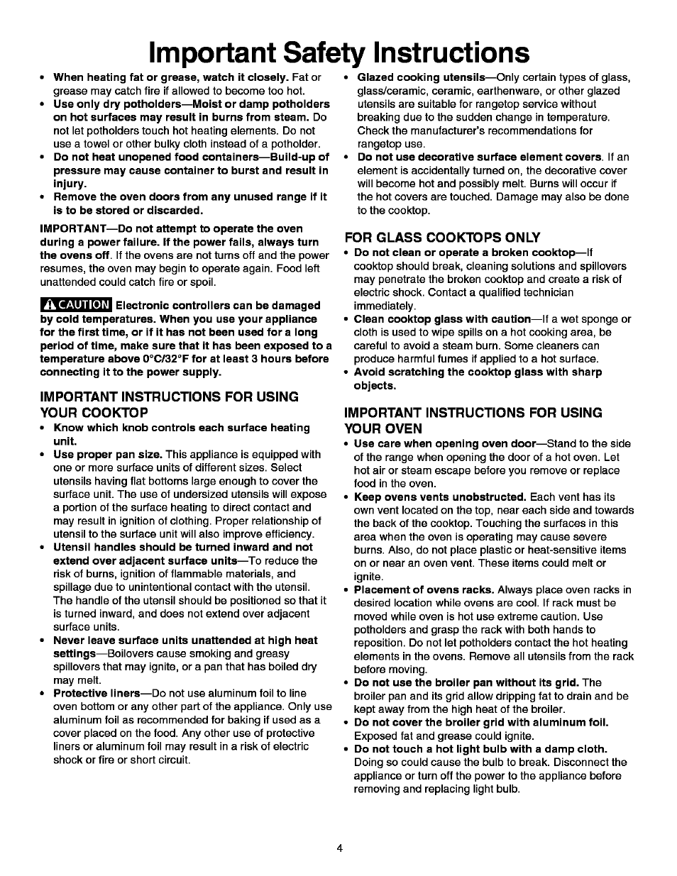 Important instructions for using your cooktop, For glass cooktops only, Important instructions for using your oven | Important safety instructions | Kenmore ELITE 790.99613 User Manual | Page 4 / 45