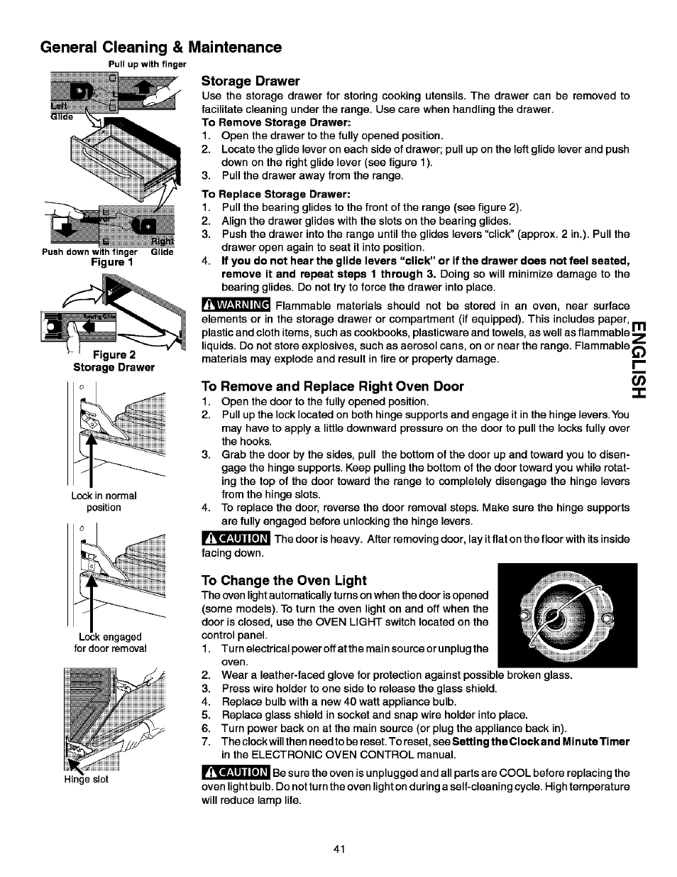 Storage drawer, To remove and replace right oven door, To change the oven light | A caution, General cleaning & maintenance | Kenmore ELITE 790.99613 User Manual | Page 41 / 45