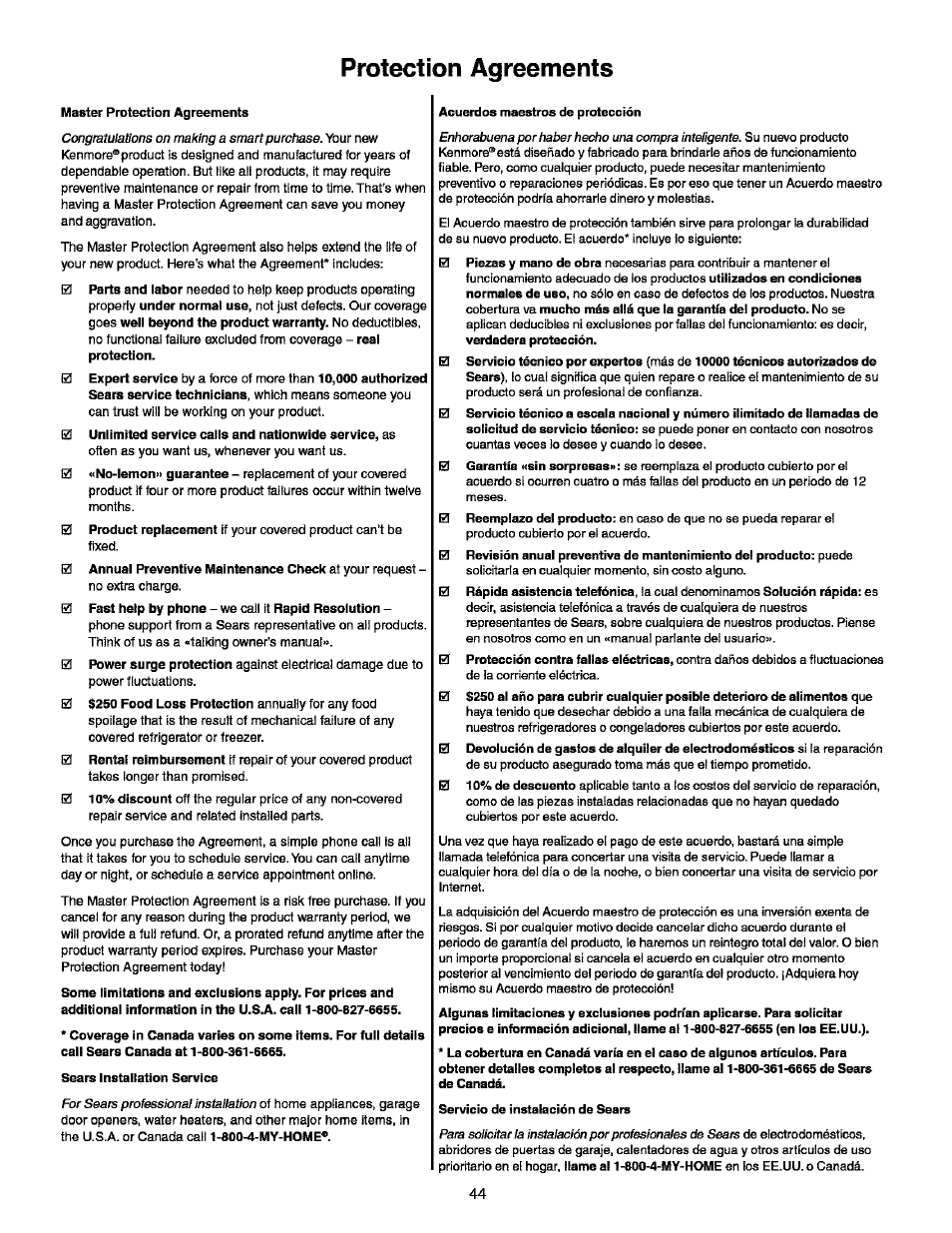 Protection agreements | Kenmore ELITE 790.99613 User Manual | Page 44 / 45