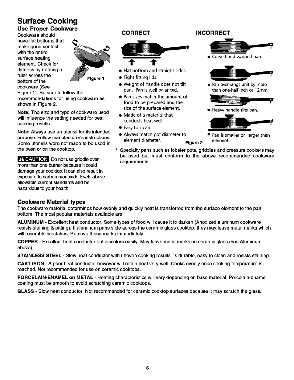 Use proper cookware, Correct, Incorrect | Cookware material types, Surface cooking | Kenmore ELITE 790.99613 User Manual | Page 6 / 45