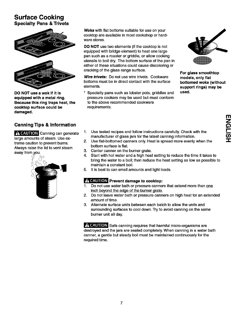 Surface cooking, Specialty pans & trivets, Canning tips & information | I prevent damage to cooktop, Surface cooking -7, A caution, A caution i, Caution | Kenmore ELITE 790.99613 User Manual | Page 7 / 45