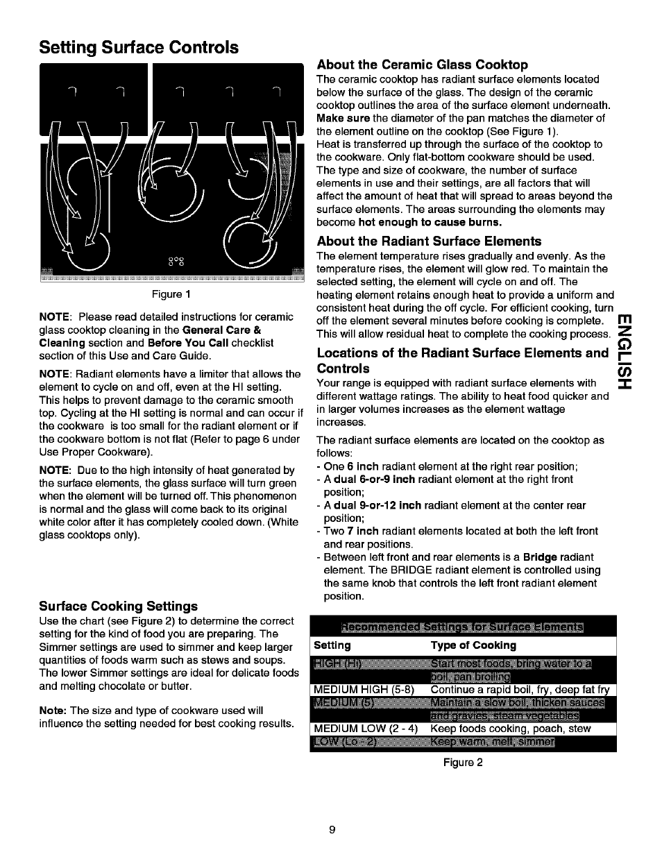 Surface cooking settings, About the ceramic glass cooktop, About the radiant surface elements | Lecommenc, Face elements, Type of cooking, Tarnriosnoossn), Tarnriosnoossn)^ joit^af^roiim, Setting surface controls | Kenmore ELITE 790.99613 User Manual | Page 9 / 45